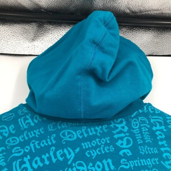 Harley Davidson  Bright Teal Blue All Over Text zipper front Hoodie size SP - Picture 8 of 15